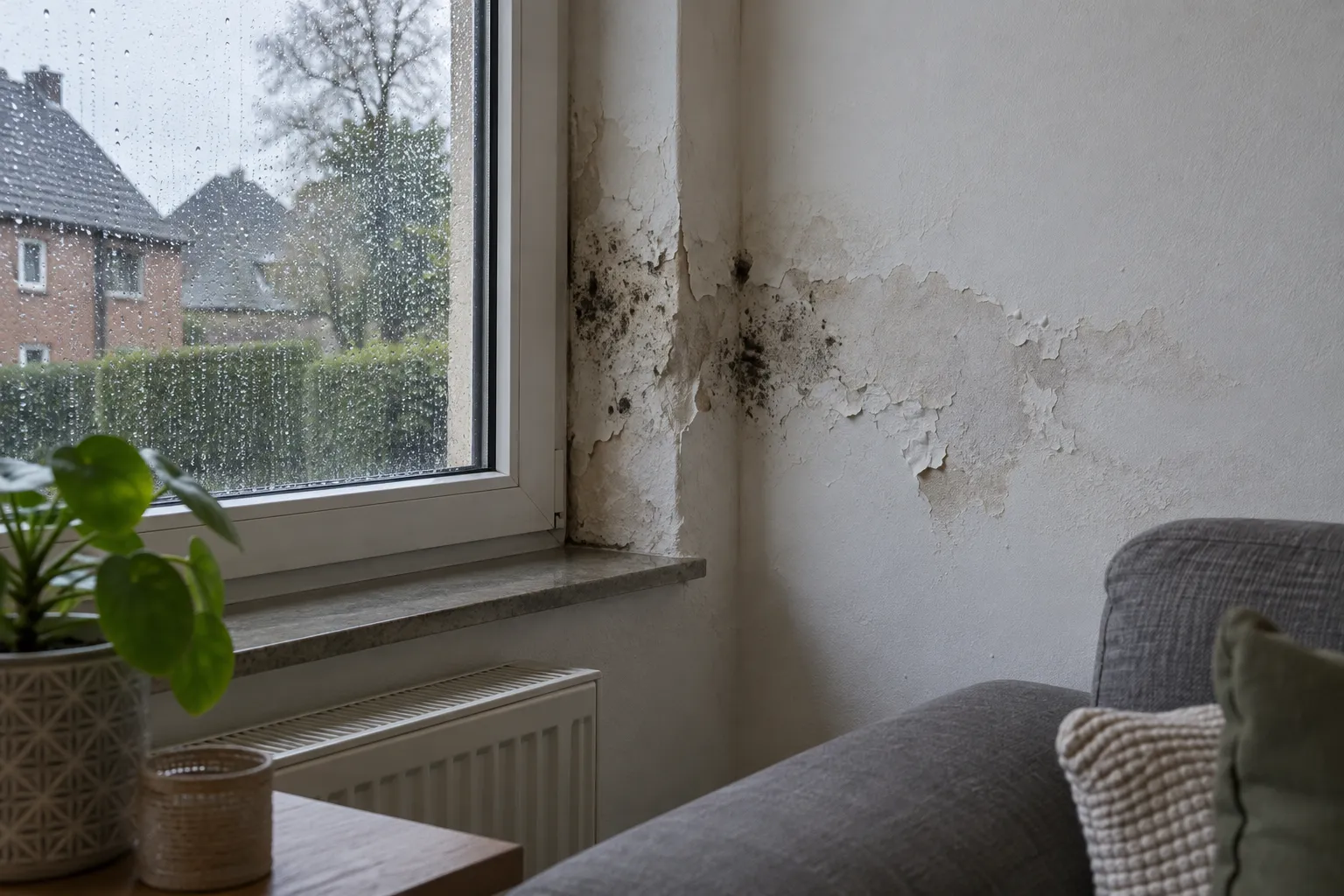 Vochtplek met afbladderende verf en schimmel naast een raam aan de binnenkant van een buitenmuur, terwijl het buiten regent