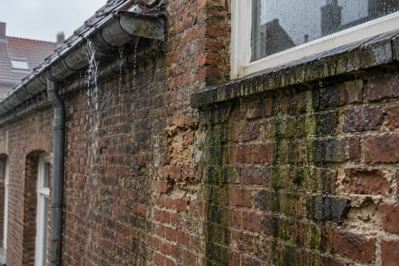 Oude bakstenen gevel met uitgesleten voegen, groene aanslag en een overlopende dakgoot in de regen