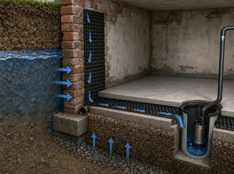 Drainagekanaal langs keldervloer