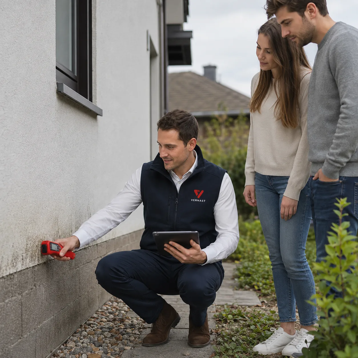 Expert die een woning inspecteert met meetapparatuur