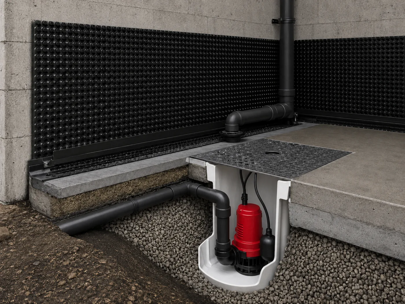 Drainagesysteem of pompput in een kelder