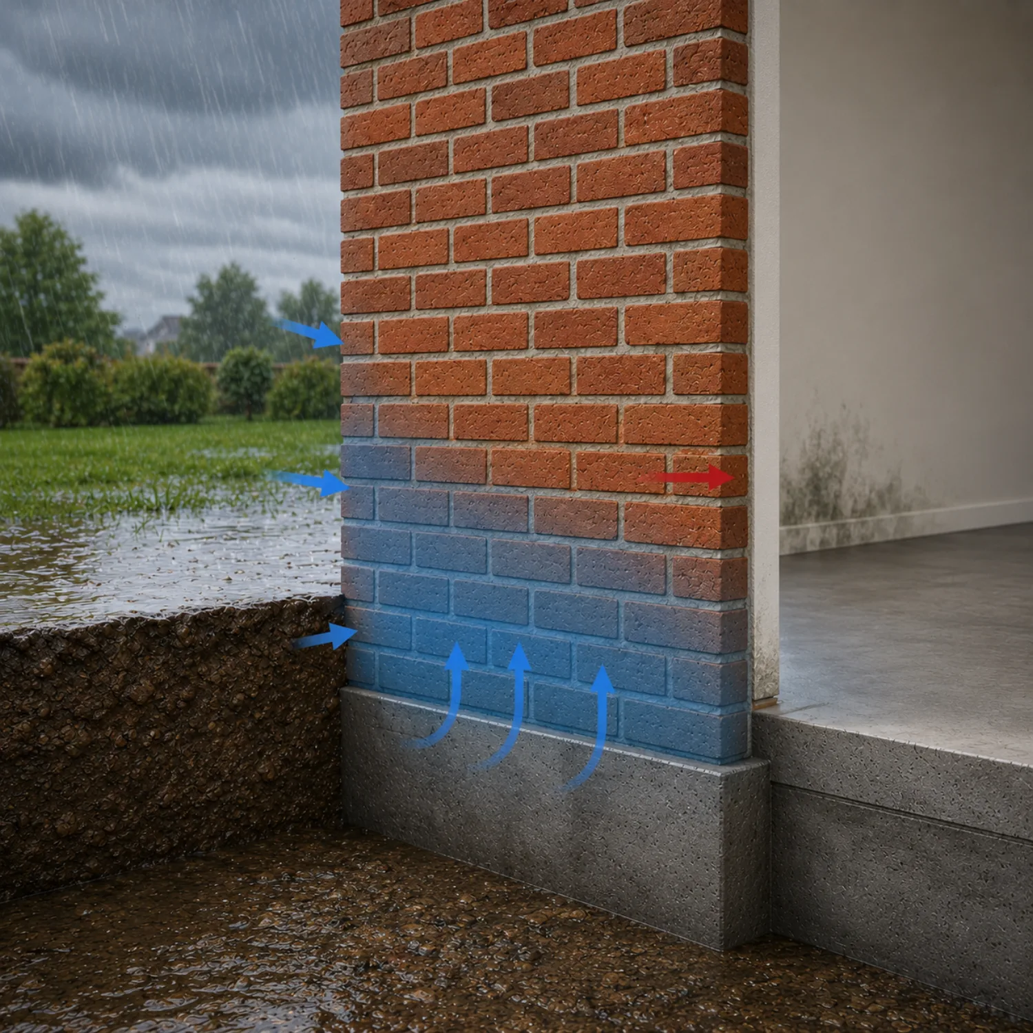 Schema muurinjectie: injectielijn met boorgaten vormt een nieuwe waterkering onderaan de muur