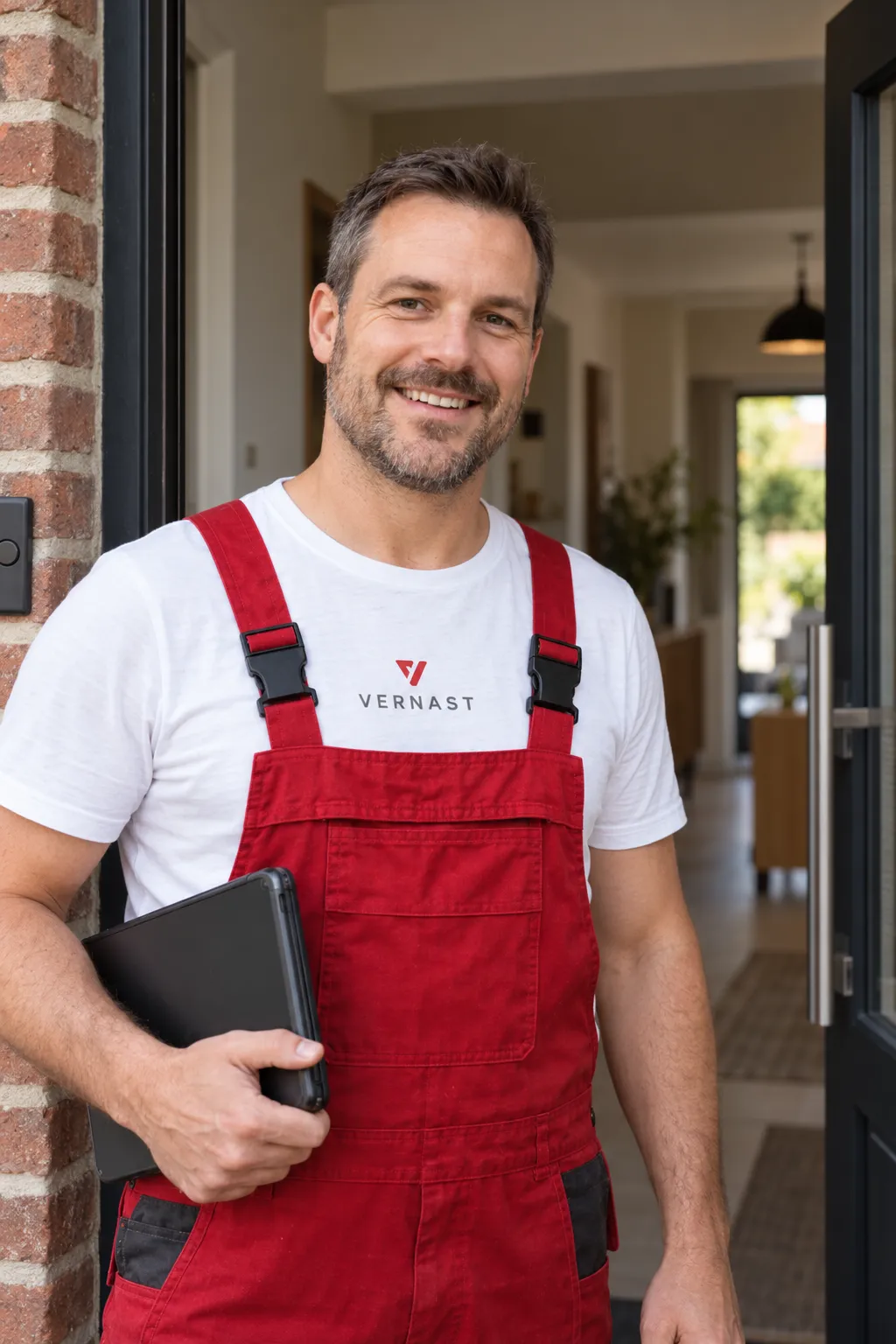 Vochtexpert van Vernast staat met een tablet aan de voordeur van een klant