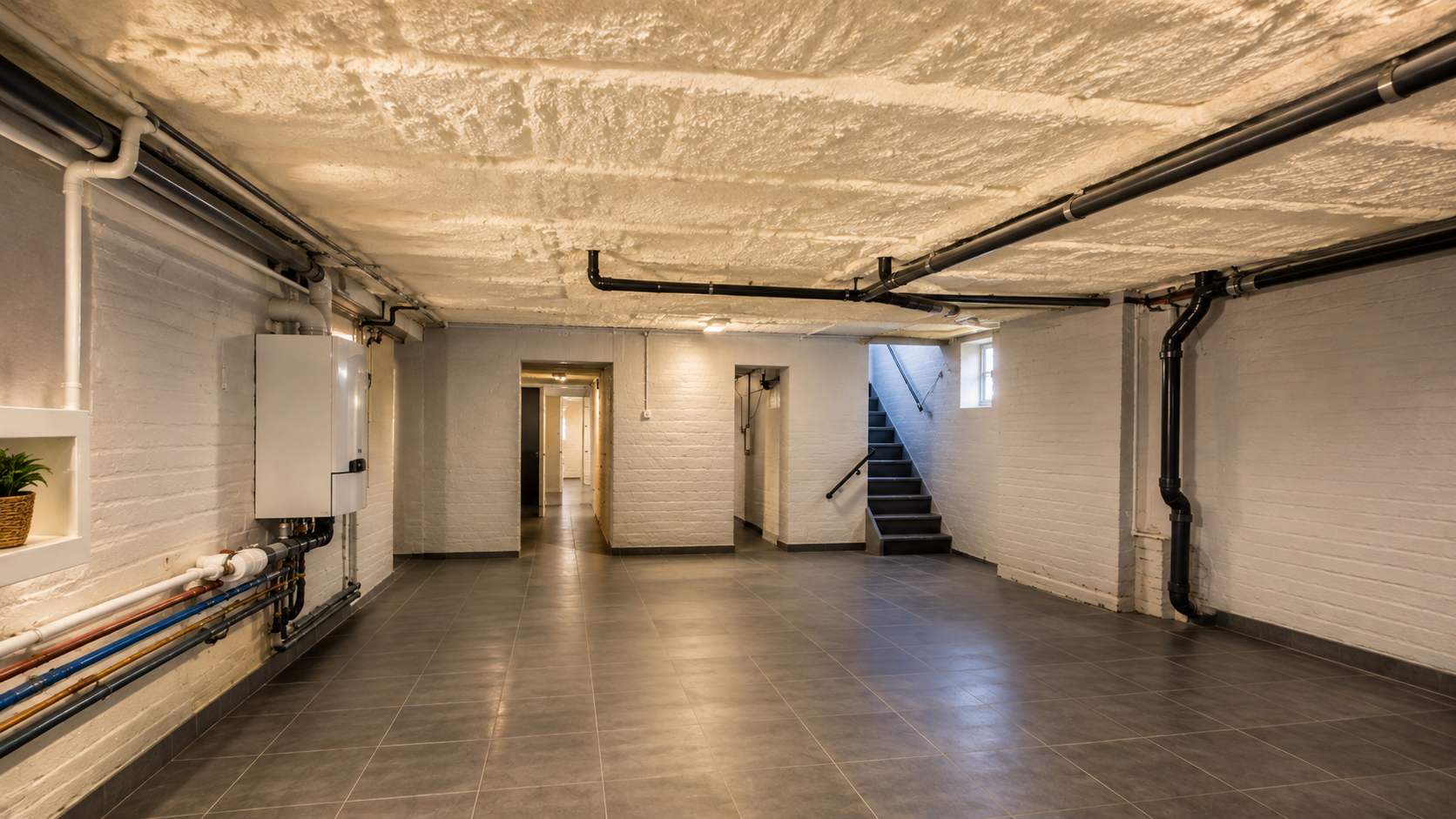 Nette, afgewerkte kelderruimte met geïsoleerd plafond